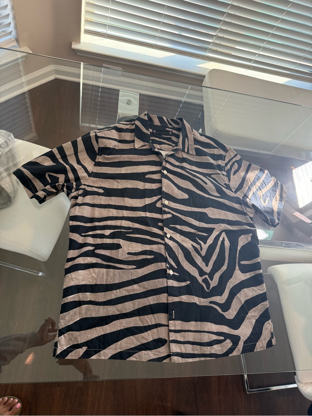MENS Zebra Stripe Short-Sleeve Button-Up Shirt - Black & Beige